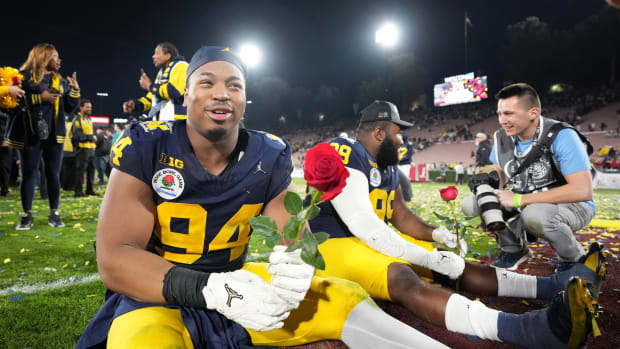 Jan 1, 2024; Pasadena, CA, USA; Michigan Wolverines defensive lineman Kris Jenkins (94) celebrates after defeating the Alabama Crimson Tide in the 2024 Rose Bowl college football playoff semifinal game at Rose Bowl. Mandatory Credit: Kirby Lee-USA TODAY Sports  